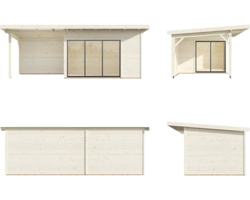 Verschiedene Ansichten eines Gartenhauses aus Holz mit Schiebetüren
