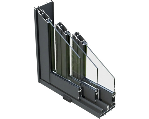 Schnittansicht eines Schiebefensters mit Rahmen und Dreifachverglasung