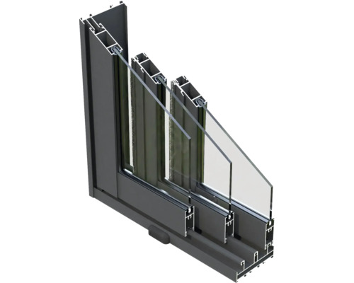 Querschnitt eines Schiebefensters aus Aluminium mit Glas