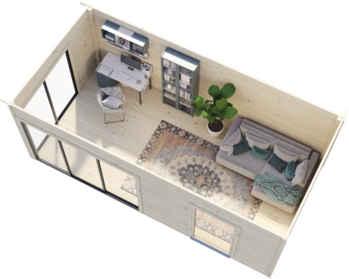 Innenansicht eines Gartenhauses mit Schreibtisch, Bücherregal und Sofa.