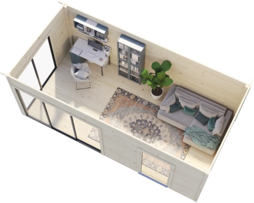 Vue intérieure d''un abri de jardin avec bureau et coin salon