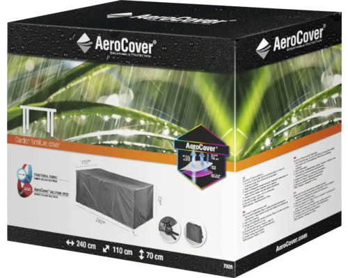 Verpackung einer AeroCover Abdeckung für Gartenmöbel mit den Maßen 240 mal 110 mal 70 Zentimeter
