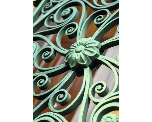 Vue détaillée d''une balustrade en métal ornée d''un motif floral