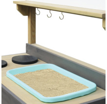 Spielküche aus Holz mit Hakenleiste und Sandkasten