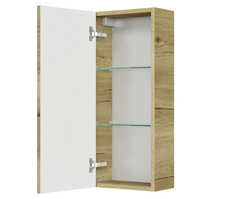 Offener Spiegelschrank mit zwei Glasablagen und Holzoptik