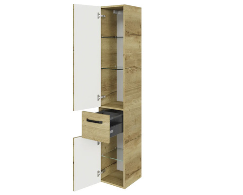 Armoire haute de salle de bain avec tiroir, portes ouvertes et étagères en verre