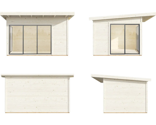 Verschiedene Ansichten eines Gartenhauses mit Flachdach und Schiebefenstern.