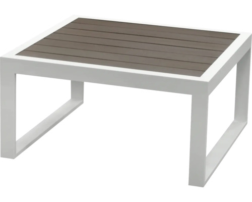 Table de jardin carrée avec aspect bois sur le plateau