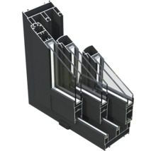 Querschnitt eines Aluminiumfensterrahmens mit Dreifachverglasung