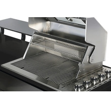 Gril à gaz en acier inoxydable avec couvercle ouvert et grille de cuisson