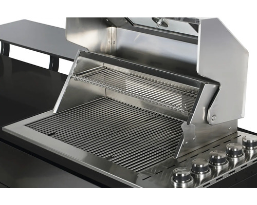 Gril à gaz en acier inoxydable avec couvercle ouvert et grille de cuisson