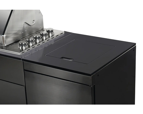 Vue détaillée d''une cuisine de grill noire avec commandes et couvercle