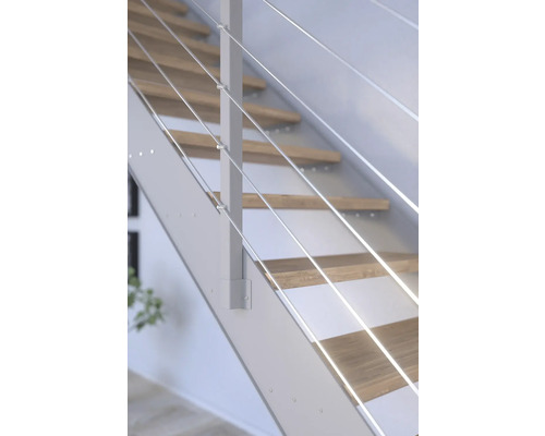 Detailansicht einer Treppe mit Edelstahlseil-Geländer und Holzstufen