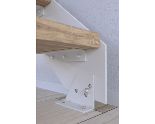 Vue détaillée d''une structure d''escalier avec un connecteur de limon blanc et une marche en bois