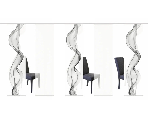 Panneaux coulissants avec motif abstrait de fumée devant des chaises