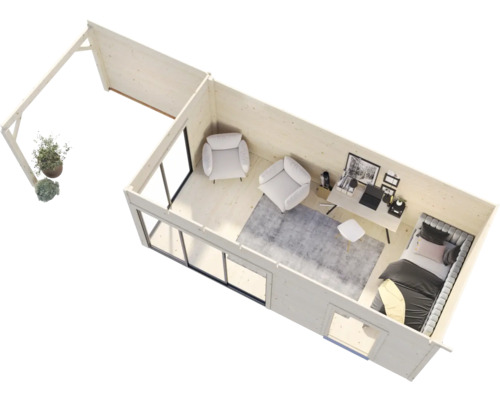 Ansicht von oben eines modernen Gartenhauses mit Terrasse, Stühlen, Schreibtisch und Bett.