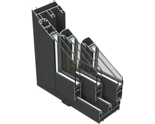 Querschnitt einer Fensterkonstruktion mit Rahmen und Dreifachverglasung