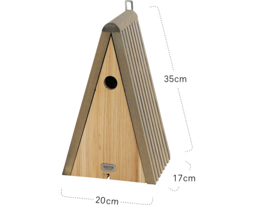 Nichoir triangulaire en bois avec crochet de suspension et dimensions de 35 x 20 x 17 cm.