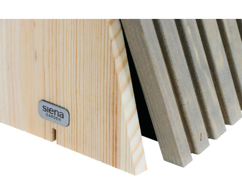 Vue détaillée d''un nichoir en bois avec le logo Siena Garden