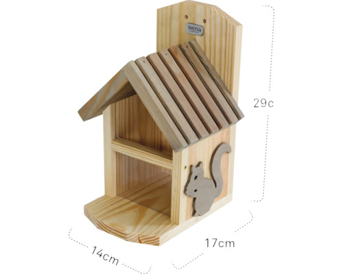 Eichhörnchenfutterhaus aus Holz mit den Maßen 29 cm Höhe, 17 cm Breite und 14 cm Tiefe.