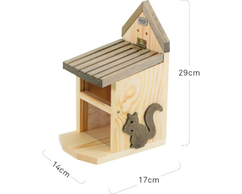 Mangeoire à écureuil en bois avec des dimensions de 29 cm de hauteur, 14 cm de largeur et 17 cm de profondeur.