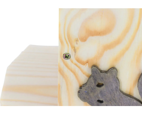 Vue détaillée d''une construction en bois avec vis et motif de chat