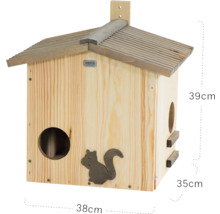 Eichhörnchenhaus aus Holz mit Dach, zwei Eingängen und Eichhörnchen-Silhouette