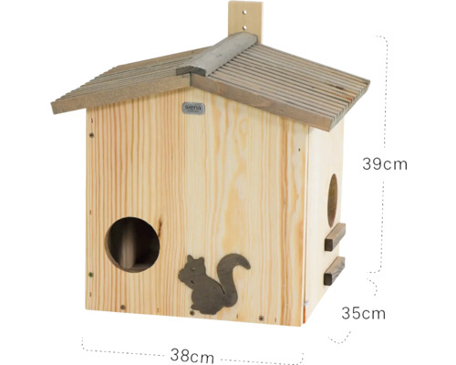 Eichhörnchenhaus aus Holz mit Dach, zwei Eingängen und Eichhörnchen-Silhouette