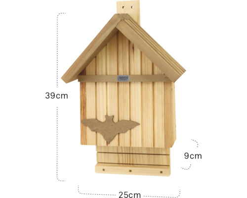 Holz Fledermauskasten mit den Maßen 39 cm Höhe, 25 cm Breite und 9 cm Tiefe