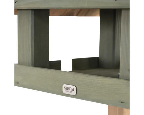 Vue détaillée d''une table d''alimentation en bois avec le logo Siena Garden.