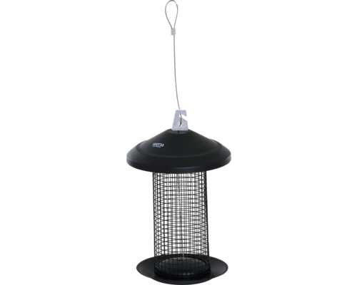 Mangeoire à oiseaux avec grille métallique permettant aux oiseaux de se nourrir