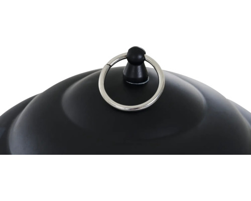 Vue détaillée d''un luminaire extérieur noir avec anneau de suspension