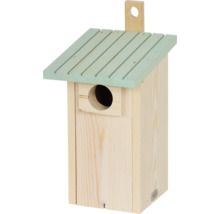 Vogelhaus aus Holz mit Einflugloch und grünem Dach