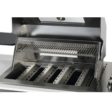 Barbecue en acier inoxydable avec grille et écrans thermiques.