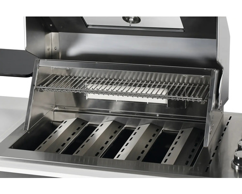 Barbecue en acier inoxydable avec grille et écrans thermiques.