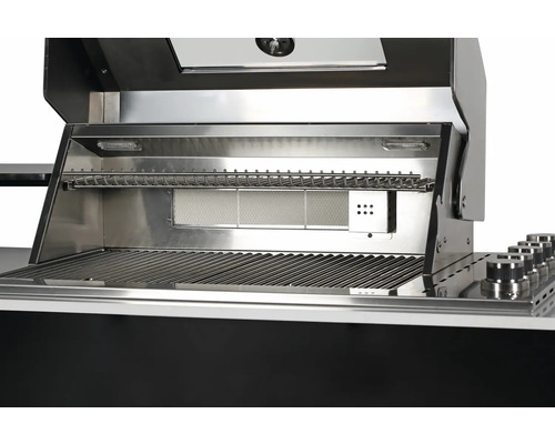 Gril en acier inoxydable avec couvercle ouvert et grille