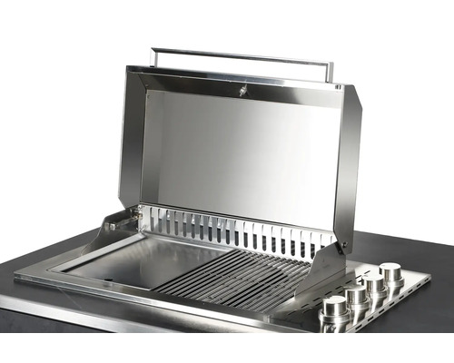 Edelstahl-Einbaugrill mit offenem Deckel und Grillrost