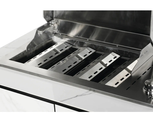 Edelstahl Grill mit geöffnetem Deckel und Grillrosten