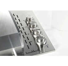 Gril en acier inoxydable avec quatre boutons rotatifs et logo Buschbeck