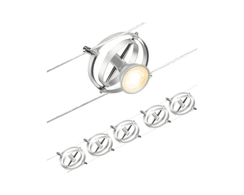 Six luminaires sur un système de câbles