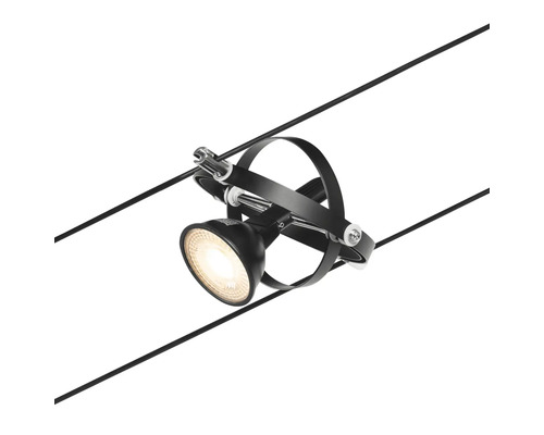 Système de câbles noir avec un spot pour un éclairage flexible.