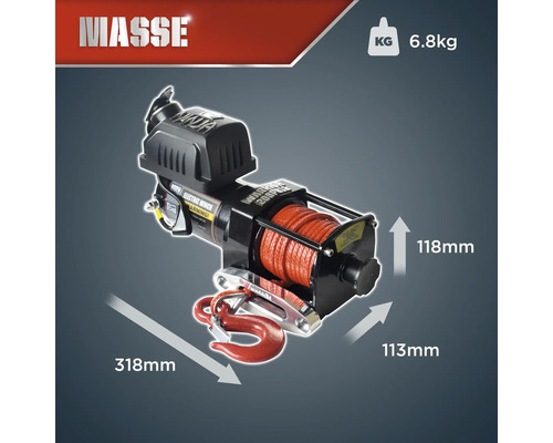 Masse Seilwinde mit einer Zugkraft von 2041 Kilogramm und einer Größe von 318 x 113 x 118 Millimeter
