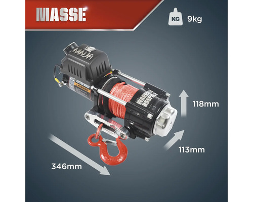 Elektrische Seilwinde mit Haken, 9 kg, Abmessungen werden mit Pfeilen angezeigt