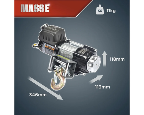 Elektrische Seilwinde mit einer Länge von 346 mm, einer Höhe von 118 mm, einer Breite von 113 mm und einem Gewicht von 11 kg.