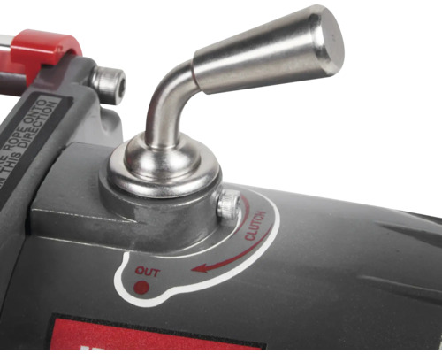 Detailansicht einer Handseilwinde mit Bedienungshebel und Kupplung