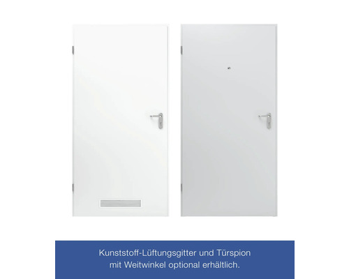 Zwei weiße Türen, eine mit Lüftungsgitter und eine mit Türspion