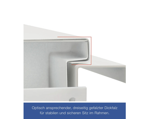 Detailansicht einer dreiseitig gefalzten Dickfalz für einen stabilen Sitz im Rahmen