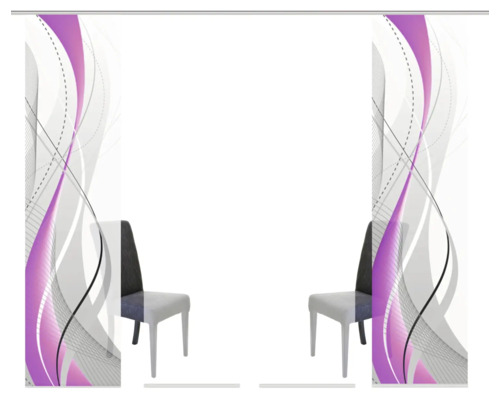 Scène d''intérieur avec rideaux coulissants à motif abstrait et chaises