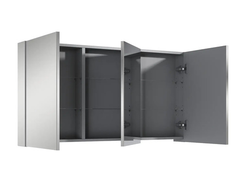 Geöffneter Spiegelschrank mit drei Türen und Glasböden für das Badezimmer