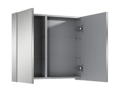 Armoire de toilette ouverte avec étagères en verre